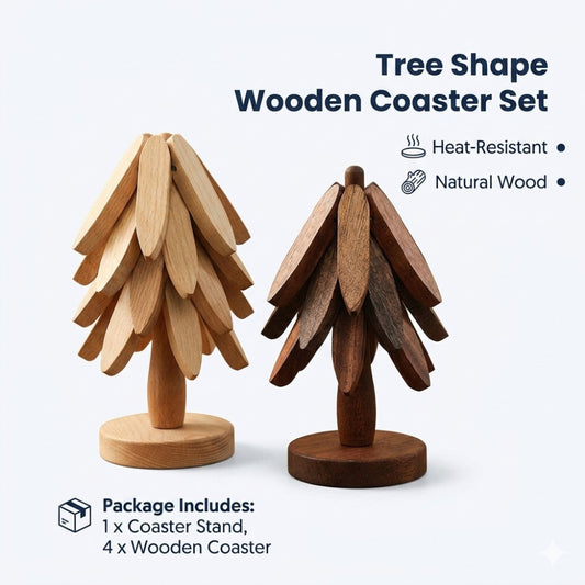 Tree-shaped wooden coaster set on a white background with product details.