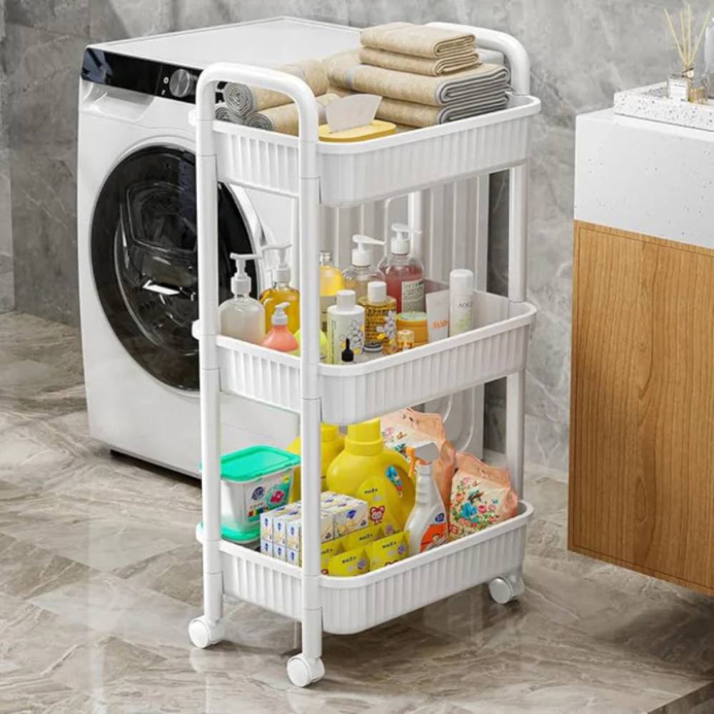 3-Tier Rolling Storage Cart - White, practical storage cart for bathroom and kitchen in Pakistan