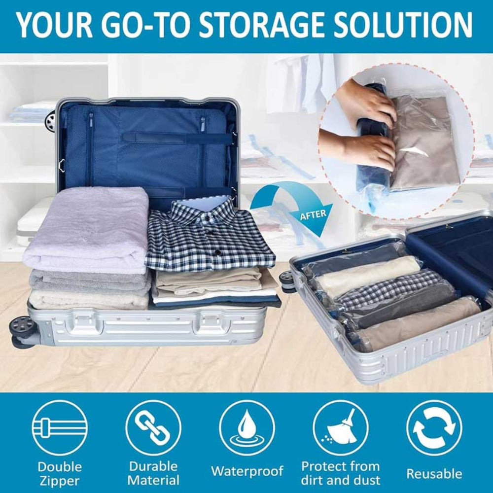 Vacuum storage bags for wardrobe organization and travel packing