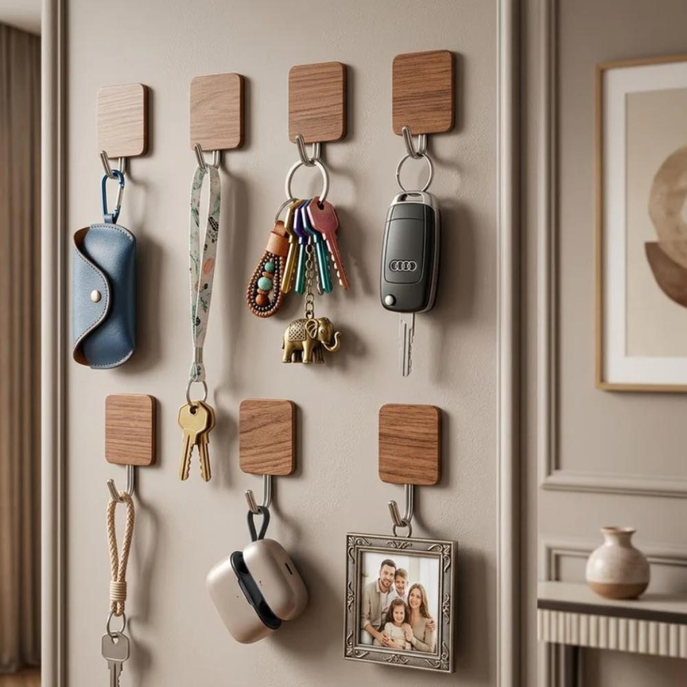 Sticky Wall Hooks, wooden style simple no drill hooks for kitchen, bathroom, and room use in Pakistan