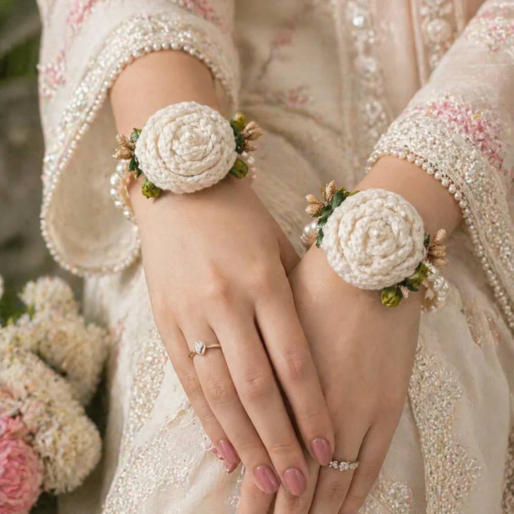 Handmade White Crochet Gajry for Girls, simple handcrafted bracelet for girls at functions in Pakistan