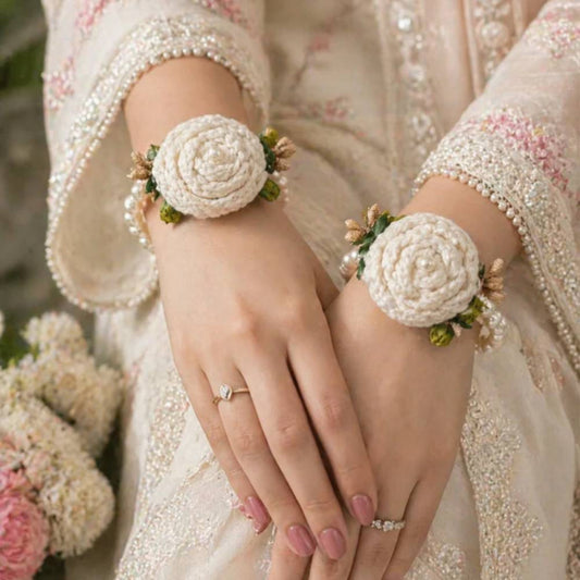 Handmade White Crochet Gajry for Girls, simple handcrafted bracelet for girls at functions in Pakistan