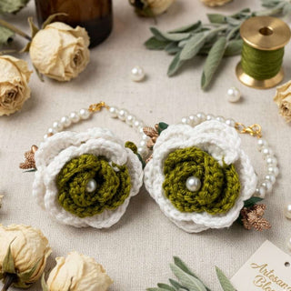 White & Green Crochet Gajry for Girls, lightweight handmade wrist gajra pair for daily and wedding event wear in Pakistan
