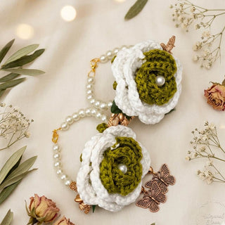 White & Green Crochet Gajry for Girls, simple handmade crochet gajra bracelet for girls at wedding functions in Pakistan