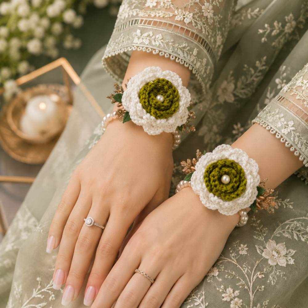 White & Green Crochet Gajry for Girls, handmade soft floral wrist accessory for weddings and cultural events in Pakistan