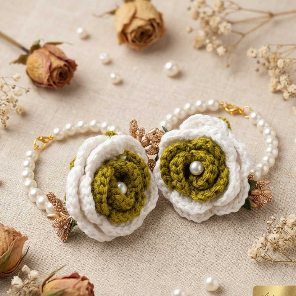 White & Green Crochet Gajry for Girls, comfortable and reusable crochet wrist flowers gajry for girls wearing in Pakistan