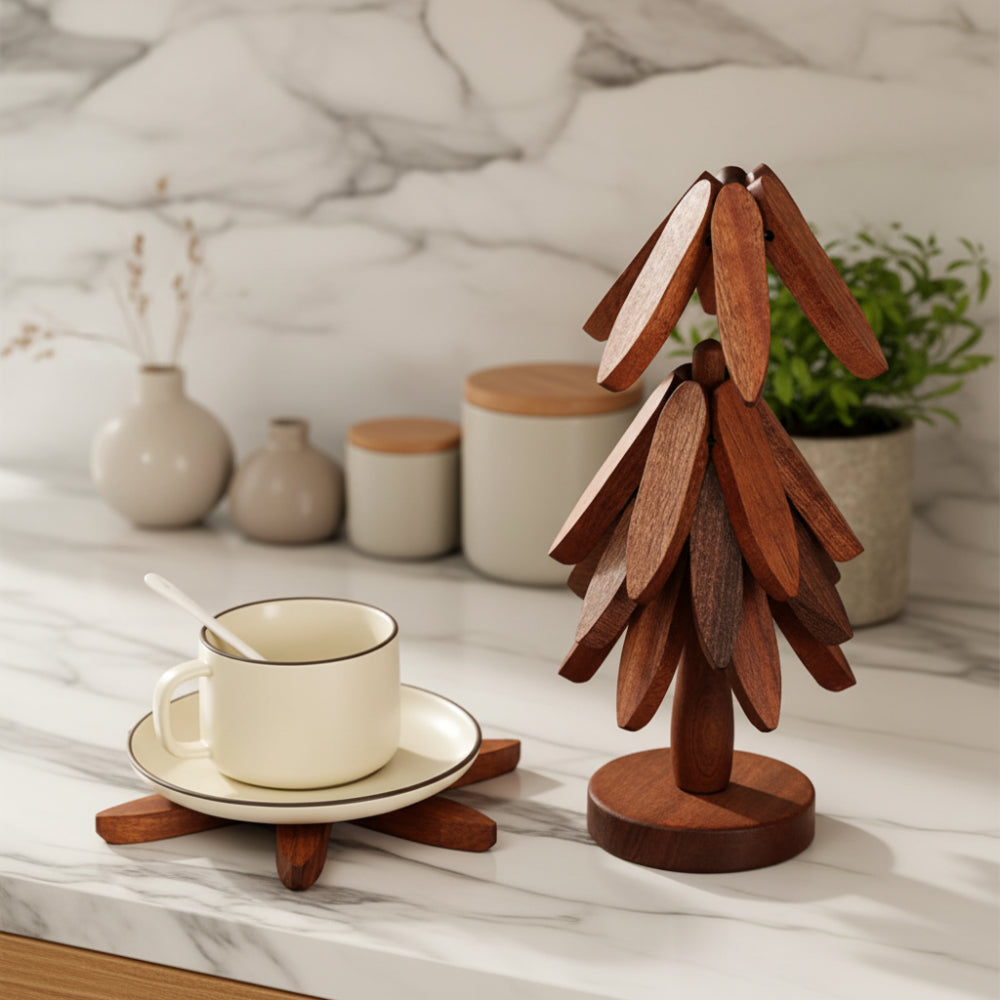 Wooden coaster set with tree design stand