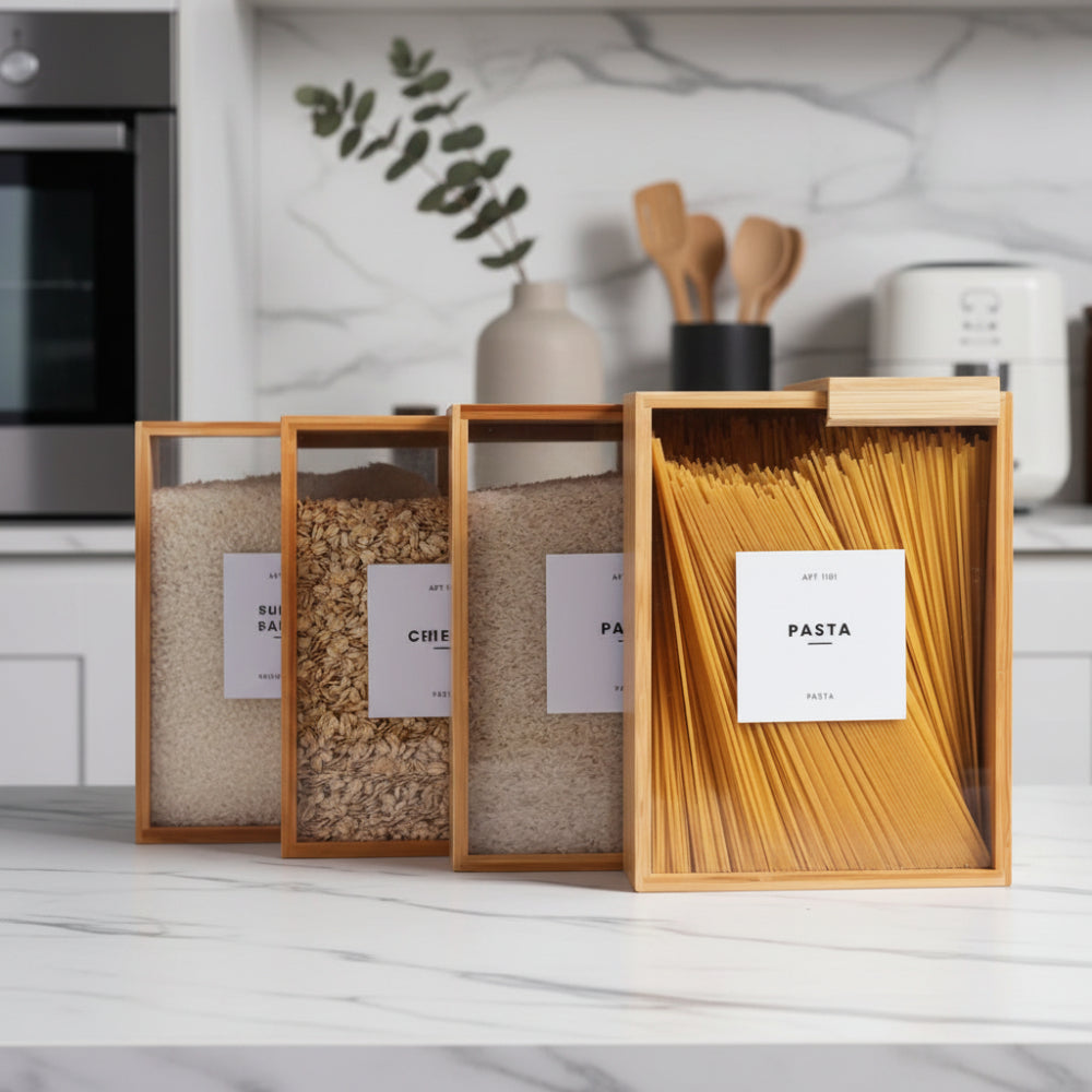 Wooden grain storage box for kitchen organization