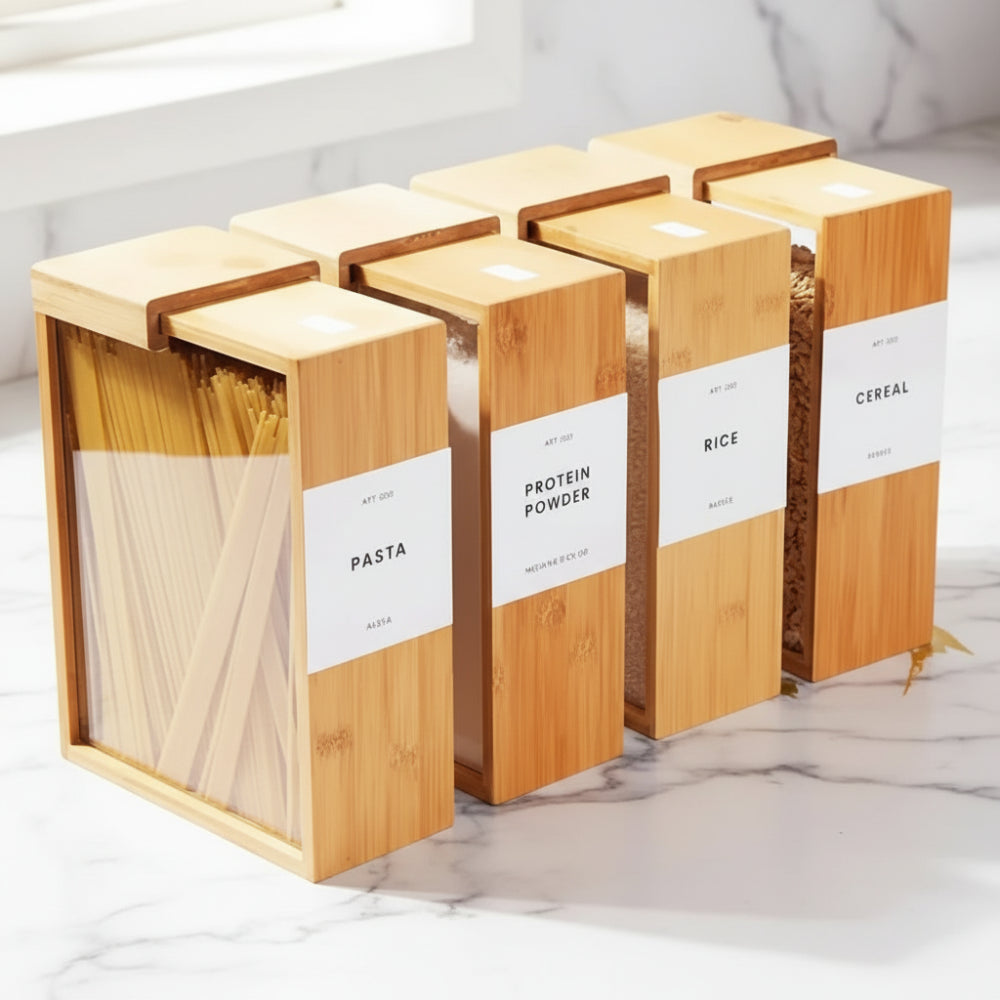 Wooden grain storage box for pantry and kitchen shelves