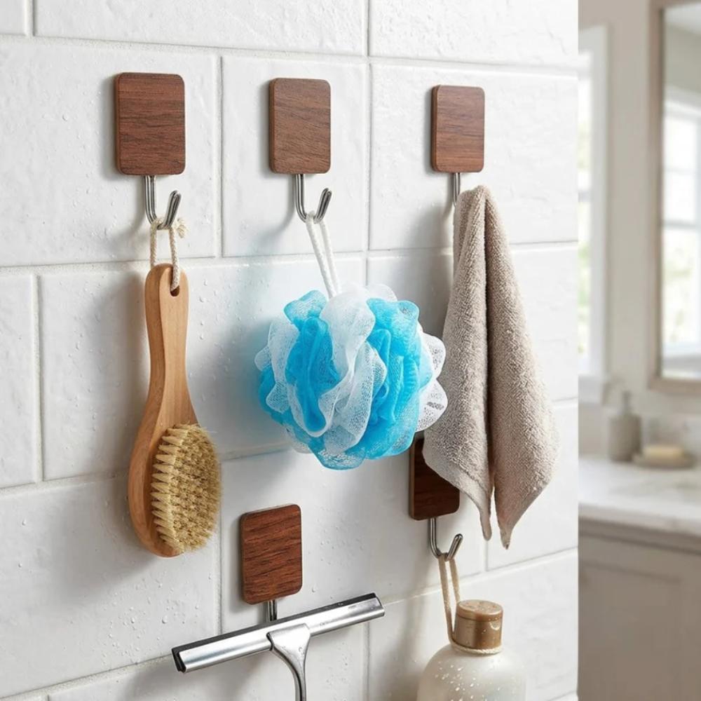 Wood Style Sticky Wall Hooks, easy to use adhesive hooks for hanging keys, towels, and items in Pakistan homes