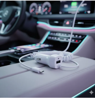 USB Car Charger with Stretchable Micro USB Cable